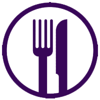 A purple fork and knife in the middle of a circle.